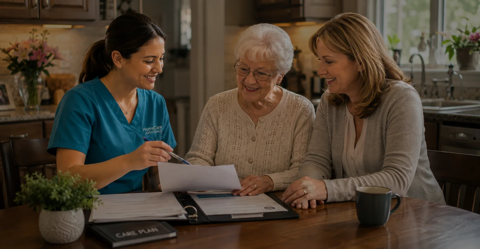 A caregiver reviewing a care plan with an older woman and a family member.