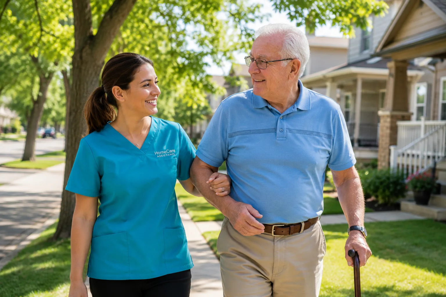 Caregiver and older man walking together outdoors.