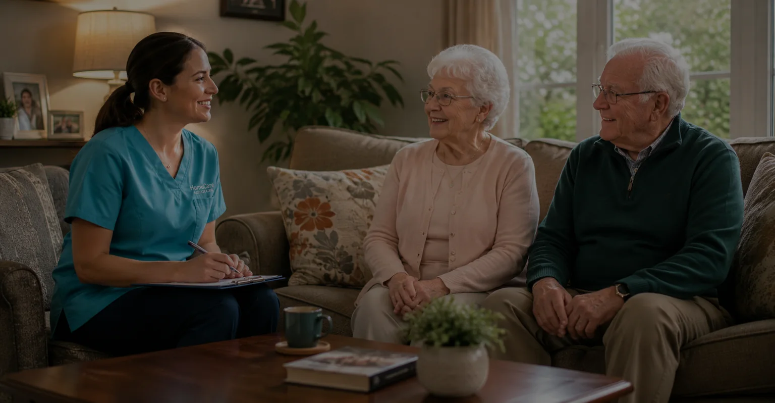A caregiver listening to an older couple in their living room.