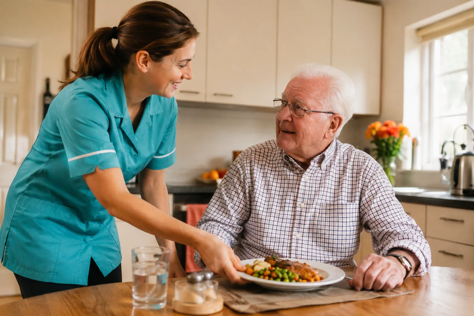 Caregiver helping an older man enjoy a meal at home.