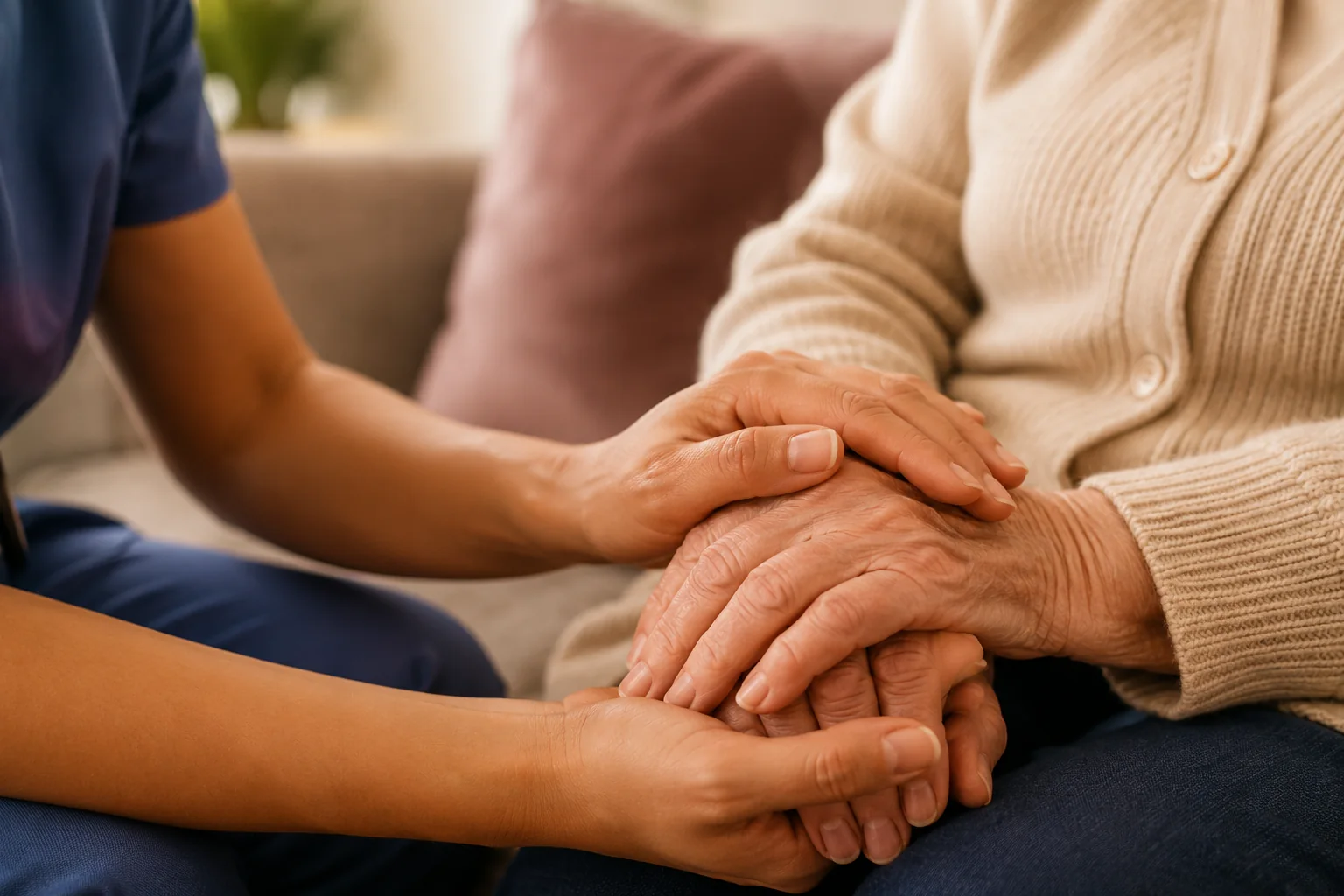 A caregiver gently holding an older adult’s hands.